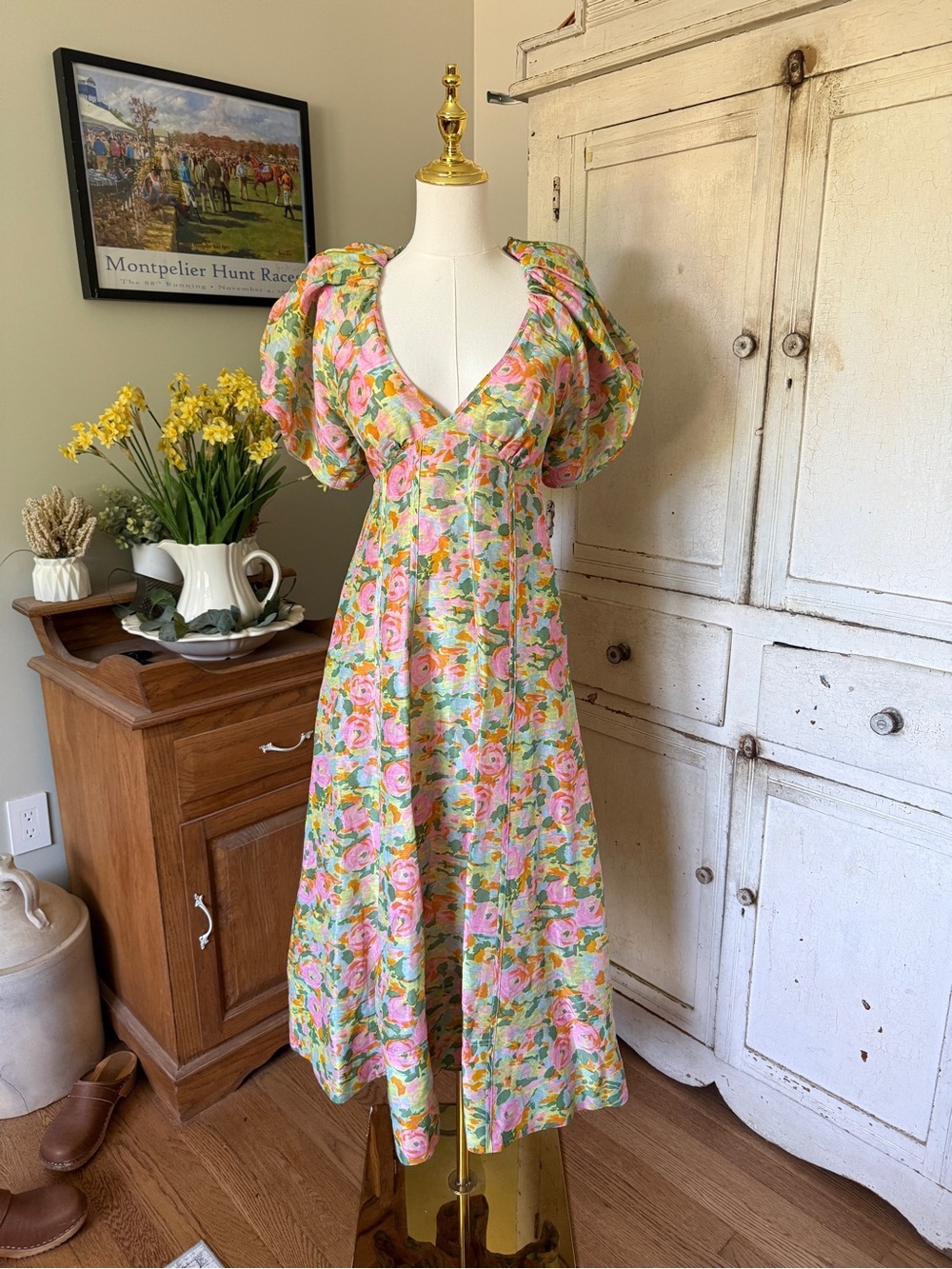 Anthropologie Pink and Green Floral Puff-Sleeve Midi Dress by Lovaan